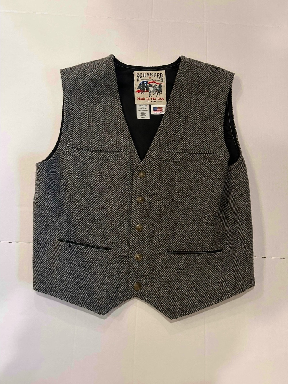 Vintagel 90’s Schaefer Herringbone Wool Vest in Black & White